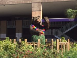 The bear statue in the courtyard is decorated to represent the Hawaiian theme for the day.